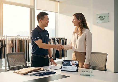 A sincere handshake between an Asian and an international business partner in a bright Yinmei sourcing showroom, symbolizing trust and win-win collaboration in apparel stocklots.