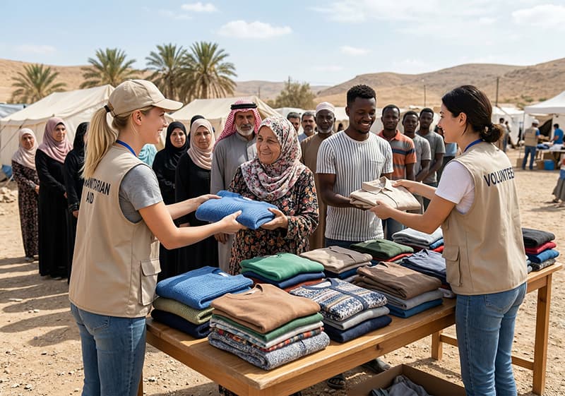 Aid workers and international volunteers distributing neatly folded new clothes to men and women at an aid camp in the desert.